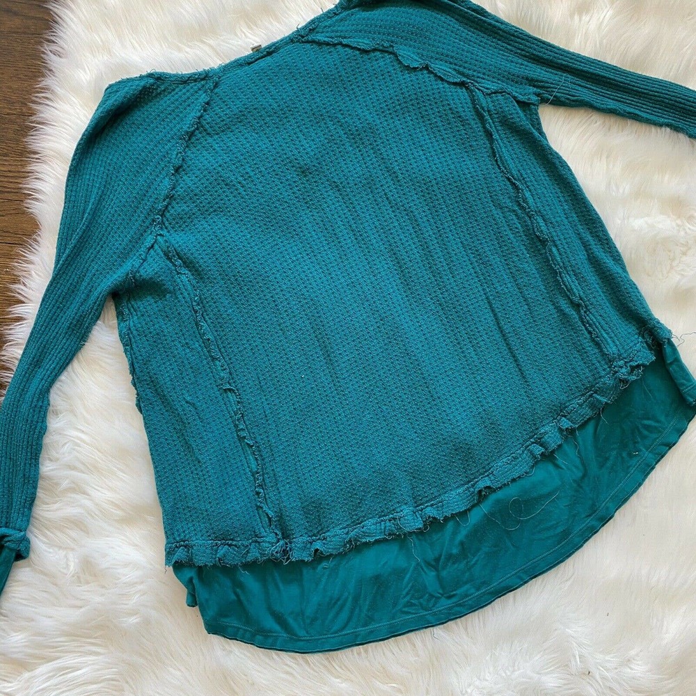We The Free People Dark Teal Blue Heather Boho Ruffle Distressed Blouse Sz Large - Picture 9 of 9
